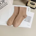 Women's solid color mid-tube khaki cotton socks, comfortable daily versatile casual hosiery. - One Size / Coffee