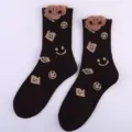Brown crew socks for women featuring cute plush bear and knit smiley face patterns. - One Size / Smiley Face