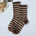 Brown and white striped mid-tube socks, casual breathable cotton socks for daily wear. - One Size / Light Coffee