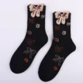 Women black mid-tube socks autumn winter cute plush bow bear Korean style cozy socks - One Size / Bow