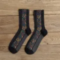 Vintage floral jacquard mid-calf socks for women, retro ethnic style cozy winter socks. - One Size / Black