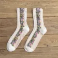 Vintage floral jacquard mid-calf socks for women, retro ethnic style cozy knitted hosiery. - One Size / White