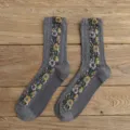 Vintage women mid-calf socks autumn winter Japanese ethnic floral jacquard knit grey socks - One Size / Gray