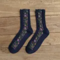 Retro floral women mid-calf socks vintage ethnic jacquard stacked socks casual hosiery - One Size / Navy Blue