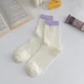 White mesh breathable stacked socks for women, mid-calf casual cotton hosiery summer style - One Size / White Socks with Purple Edges