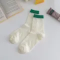 White mesh breathable mid-tube socks with green cuffs, summer thin casual women socks. - One Size / White Socks with Dark Green Trim