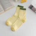Mesh breathable solid color mid-tube slouch socks, yellow with green cuff, summer thin fashion sock - One Size / Yellow Socks