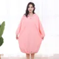 Pink coral fleece wearable bath towel, hooded long sleeve bathrobe for cozy home relaxation. - One Size / Pink