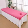 Thickened microfiber beauty salon bed sheet with face hole in bright pink and white skirt. - Pink