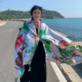 Retro Chinese style lotus print cotton linen sun protection scarf, outdoor travel shawl. - 2320