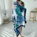 Large tropical leaf print scarf and beach shawl, vintage soft cotton linen resort wrap. - L232