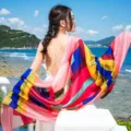 Colorful geometric printed satin silk scarf for women, stylish beach shawl wrap daily wear. - L09 / Above 175cm