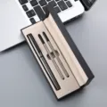 Close up view of luxury metal ballpoint pen gift set with black box and two refills. - Double Pen Slot Box / Gray