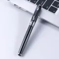 Black metal ballpoint pen for business office use with elegant silver clip and decorative ring. - Black Pen with Silver Hardware