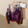 Fashion boat neck loose short top with chic floral crane print for summer casual wear. - 90x60cm Loose Short Style / Tops / Crane and Peony