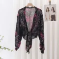 Black floral sheer chiffon shrug cardigan with front tie, lightweight summer sun protection top. - Style 4