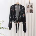 Women black floral chiffon sun protection cardigan, stylish beach cover up with tie front design. - Style 2