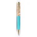 Metal gold foil ballpoint pen with transparent liquid filling and blue metal barrel. - Teal