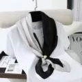 Black and white silk square scarf with pearl buckle, elegant accessory for women, 90cm size. - Style 2