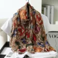 Floral print imitation silk scarf elegant vintage shawl for women summer travel daily wear. - 15