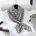 Minimalist black and white striped faux silk square scarf with pearl buckle for women. - Style 9