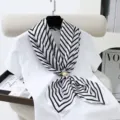 Classic black and white striped square scarf with pearl buckle for women elegant daily wear - Style 7