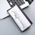 Luxury white metal ballpoint pen with gold trim in elegant black gift box for business office. - 041# Box / White