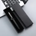Black metal ballpoint pen set packaged in gift box, elegant business promotional gift. - Black Pen with Silver Clip + Top and Bottom Pen Box