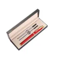 Business metal ballpoint pen gift set with red barrel and two refills in a black box. - Red Pen / Double Pen Slot Box