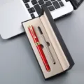 Red and gold executive gift pen set with black presentation box and metal ballpoint refill. - Chinese Red Pen with Single Refill Pen Box