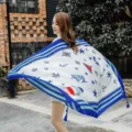 Women's Nautical Print Beach Scarf Blue White Lightweight Sunscreen Shawl Variant - 151