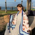 Women large silk scarf beach shawl summer sun protection starfish shell printed wrap accessory - 155