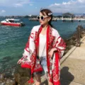 Large silk scarf women summer beach shawl red white baroque printed tassel fashion wrap - 158