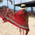 Large red ethnic print beach scarf shawl, perfect for summer sun protection and vacation. - 160