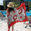 Red and white baroque print beach scarf, stylish sun protection shawl for women summer. - 162