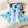 Women's blue floral digital print scarf, lightweight summer sun protection shawl. - Style 6