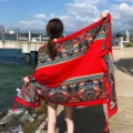 Women's large red ethnic print beach shawl summer sun protection silk scarf holiday style - 168