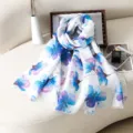Women's spring summer floral printed scarf elegant long sunscreen shawl wrap white blue - Style 3