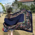 Large blue paisley silk scarf shawl ethnic style lightweight summer beach wrap for women - 169
