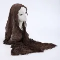 Detailed view of the brown lace headscarf veil, lightweight sheer fabric for summer. - 4