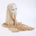 Detail shot of lightweight crinkled lace scarf, featuring sheer breathable texture and draped style. - 8