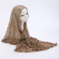 Brown crinkled sheer scarf detailed view, lightweight gauze shawl for sun protection. - 16