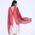 Red Chinese ethnic style shawl with frog buttons. Breathable women cape for travel. - Red Hollow