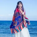 Ethnic cotton linen scarf detail shot, showing colorful paisley pattern and lightweight shawl. - L111