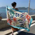 Floral print scarf vacation beach sun protection shawl cotton linen wrapper for women detail view - 2324