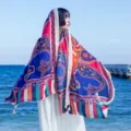 Ethnic style cotton linen scarf floral shawl for women travel sun protection beach wrap summer - Piano Border Paisley & Red Flowers
