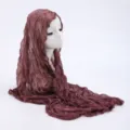 Detailed view of women's crinkle lace headscarf, wine red thin sun protection shawl for spring. - 23
