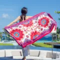 Boho ethnic floral print beach shawl, vibrant red oversized wrap scarf for sunny vacation. - Reddish Brown Floral