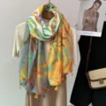 Spring floral print scarf with elegant leaf patterns and stylish tassel hem for daily wear. - Color 8