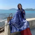 Sciarpa Donna Cotone Lino Stampa Floreale Blu Scuro Spiaggia Vacanza Scialle Sole - Stile 2310
